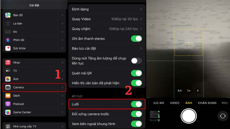 Mở chế độ lưới trong camera