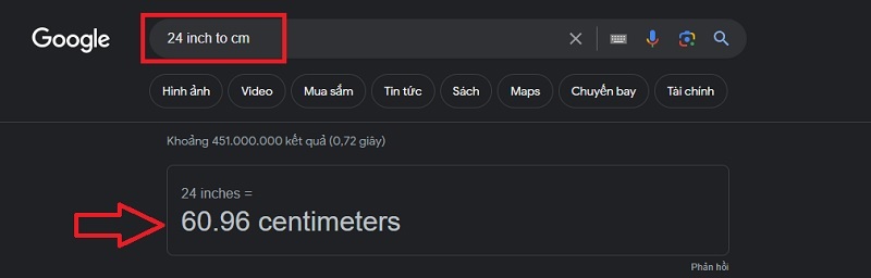 Cách đổi inch sang cm bằng Google
