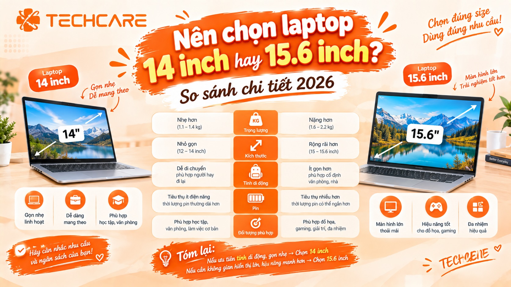Nên chọn laptop 14 inch hay 15.6 inch? So sánh chi tiết 2026