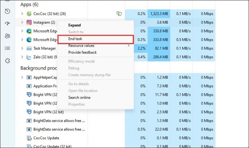 Chọn vào mục End Task