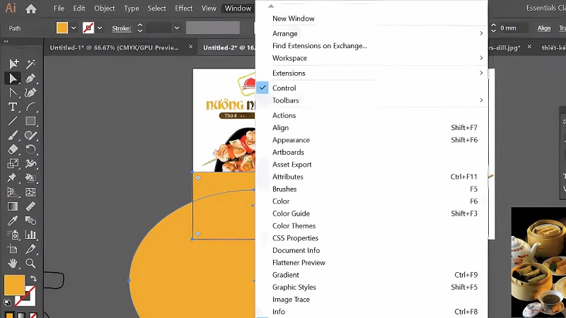 Phím tắt Adobe Illustrator trong menu WINDOWS