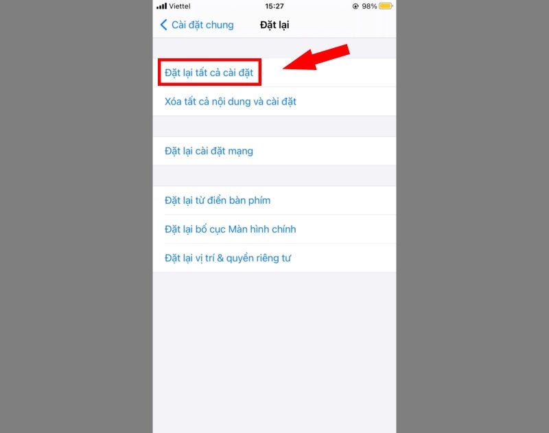 Chọn vào mục Đặt lại tất cả cài đặt