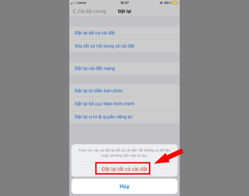 Chọn vào mục Đặt lại tất cả cài đặt thêm một lần nữa