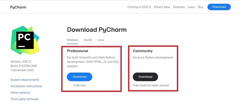 Có 2 tùy chọn tải phần mềm pycharm