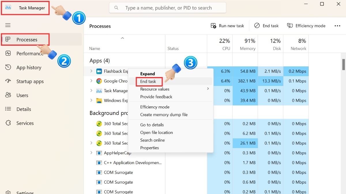 Dùng Task Manager để tắt ứng dụng gây lỗi Dùng Task Manager để tắt ứng dụng gây lỗi