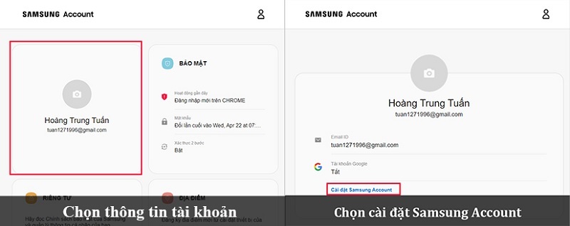 Chọn vào mục Cài đặt tài khoản Samsung