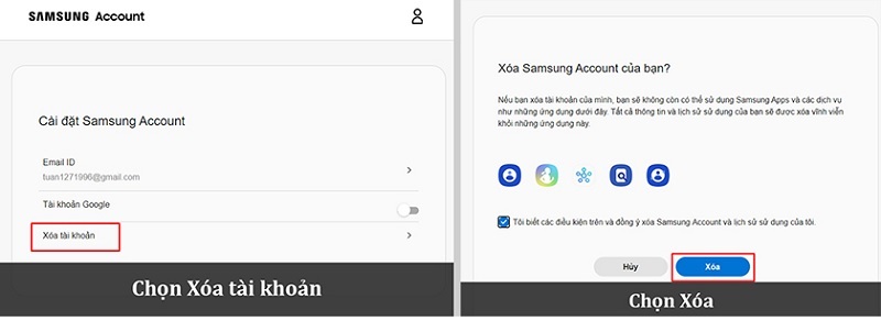 Nhấn Xoá tài khoản