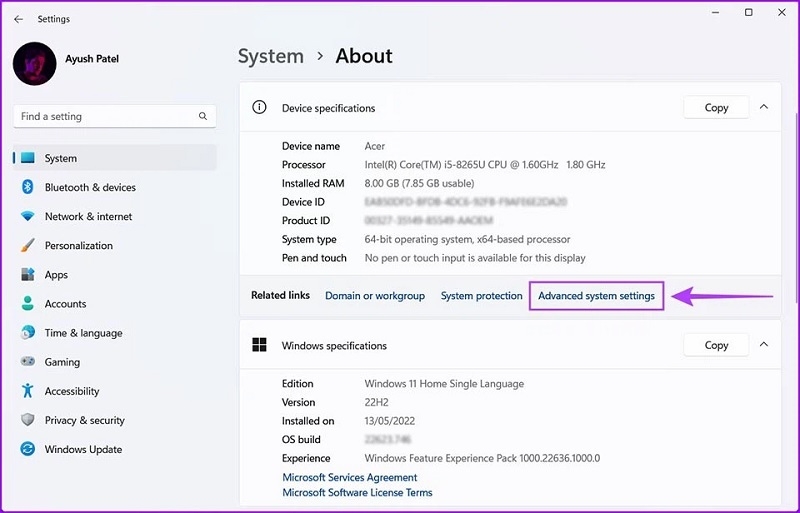 Chọn vào dòng chữ Advanced system settings