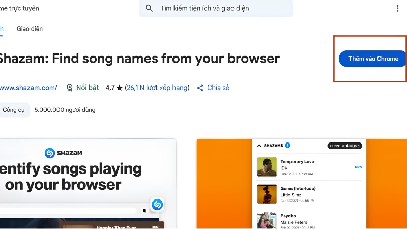 Nút Thêm vào Chrome trên trang tiện ích Shazam Nút Thêm vào Chrome trên trang tiện ích Shazam
