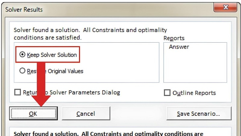Cửa sổ Solver Results với tùy chọn Keep Solver Solution
