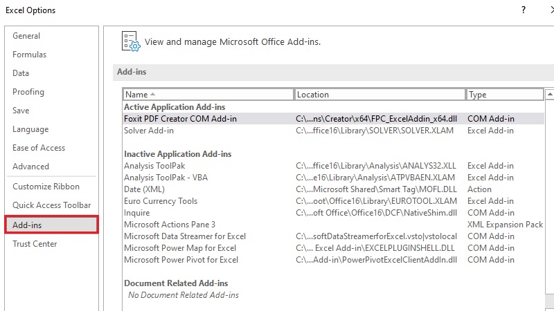 Cửa sổ Excel Options với mục Add-Ins được khoanh đỏ