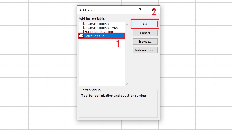 Hộp thoại Add-ins với Solver Add-in đã được tích chọn Hộp thoại Add-ins với Solver Add-in đã được tích chọn