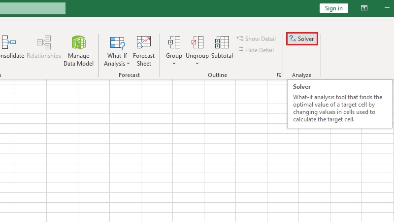 Thẻ Data với biểu tượng Solver hiển thị ở góc phải Thẻ Data với biểu tượng Solver hiển thị ở góc phải