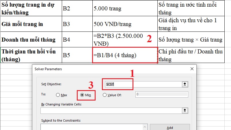 Cửa sổ Solver Parameters với ô Set Objective được điền