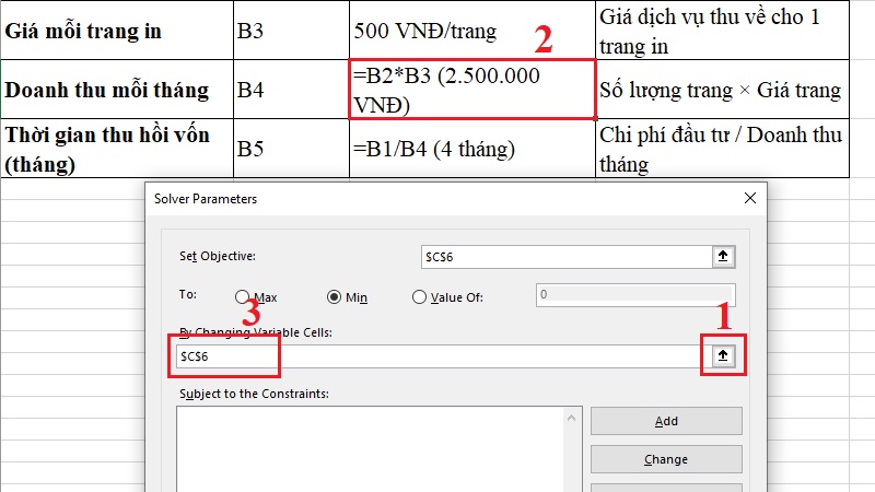 Cửa sổ Solver Parameters với ô By Changing Variable Cells được điền Cửa sổ Solver Parameters với ô By Changing Variable Cells được điền