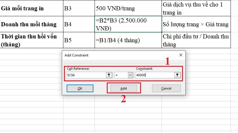 Hộp thoại Add Constraint với một điều kiện ví dụ đã nhập
