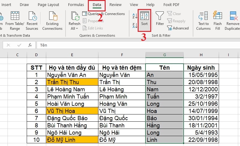 Vị trí thẻ Data và nút Sort trên thanh công cụ Excel