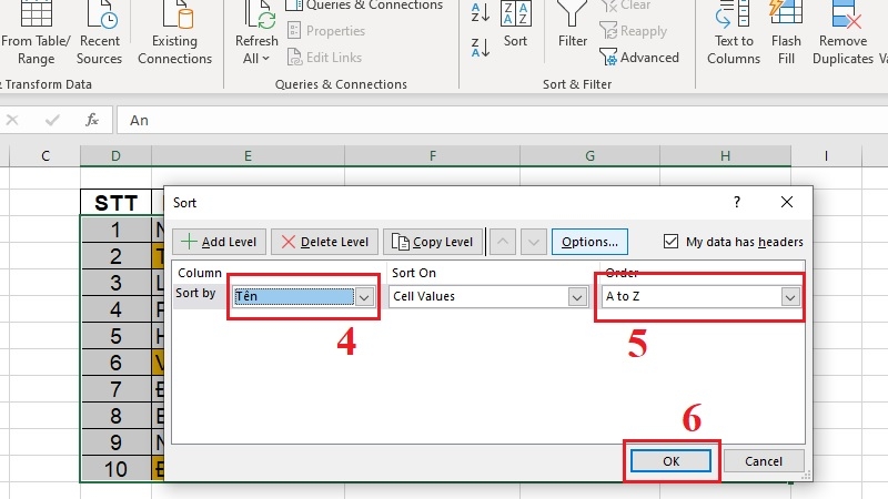 Hộp thoại Sort với các mục Column, Sort On, Order