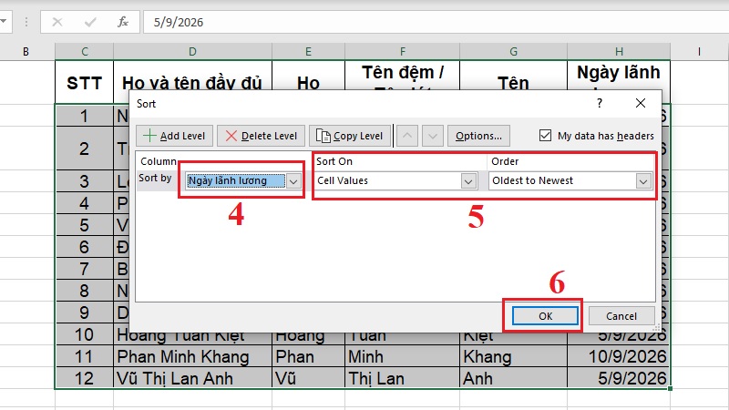 Sắp xếp cột ngày tháng theo thứ tự cũ đến mới trong Excel
