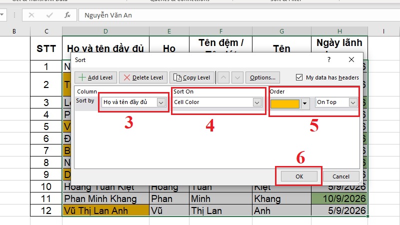 Thiết lập Sort On là Cell Color để sắp xếp theo màu ô
