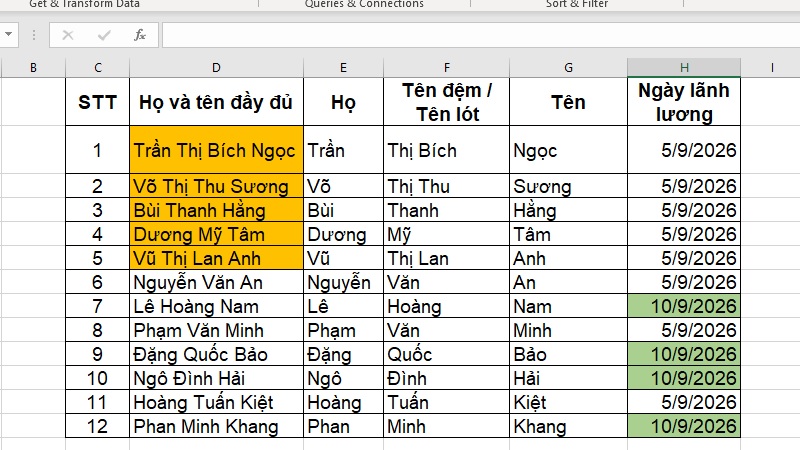 Bảng dữ liệu Excel trước và sau khi Sort, thứ tự tên được sắp xếp A-Z