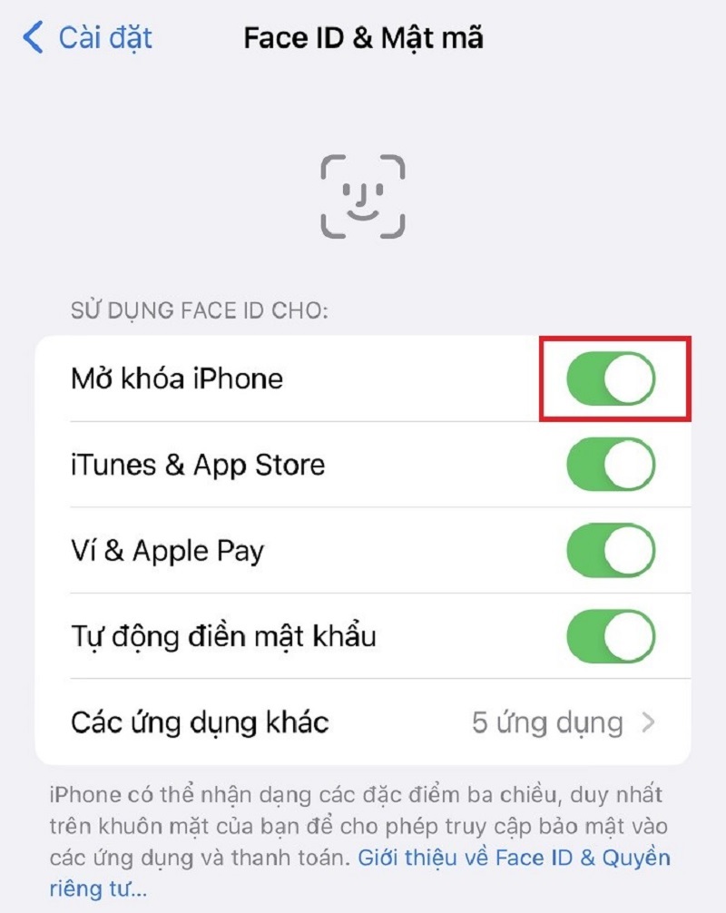 Kéo thanh trượt sang trái để tắt tính năng mở khóa