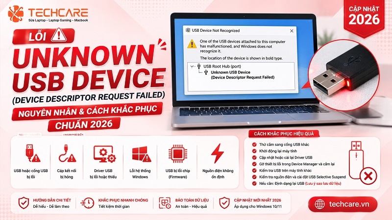 Lỗi Unknown USB Device (Device Descriptor Request Failed): Nguyên nhân và cách khắc phục chuẩn 2026