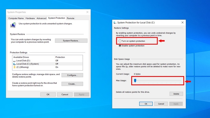 Chọn Turn on system protection để bật System Restore Chọn Turn on system protection để bật System Restore
