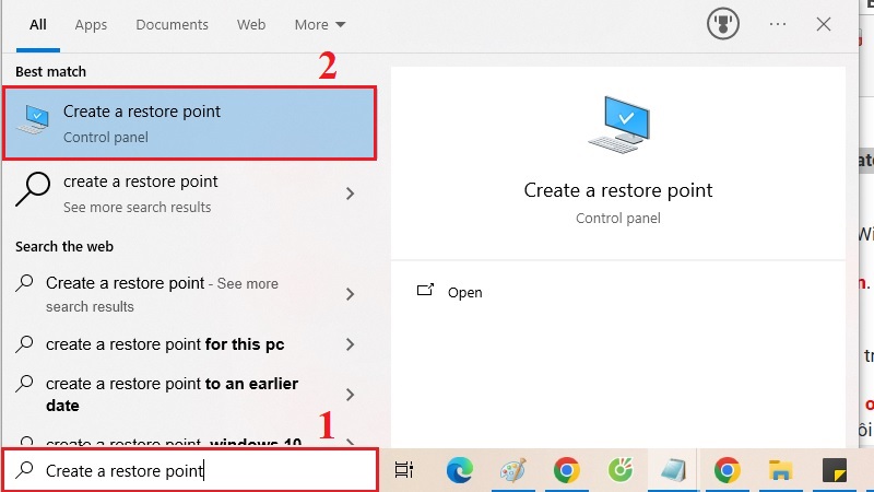 Gõ Create a restore point vào ô tìm kiếm của Start trên Windows Gõ Create a restore point vào ô tìm kiếm của Start trên Windows