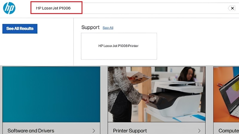Nhập từ khóa HP LaserJet P1006 vào ô tìm kiếm trên trang HP