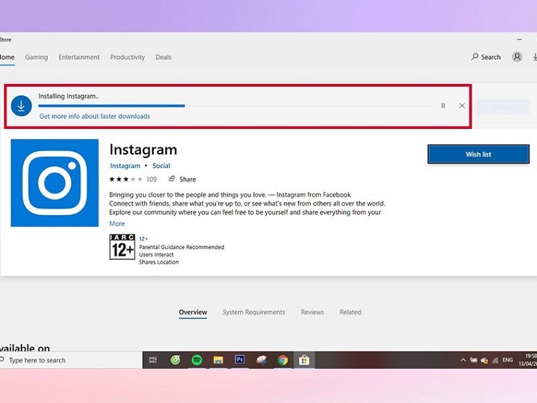 Chờ đợi trong giây lát để ứng dụng instagram downloader pc được cài đặt