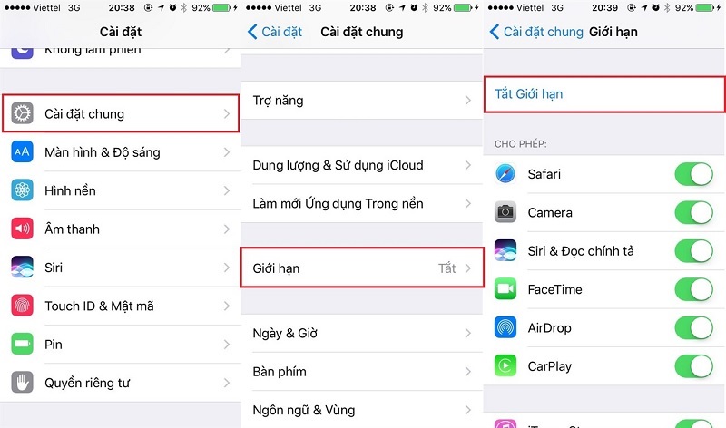 Tắt giới hạn iPhone