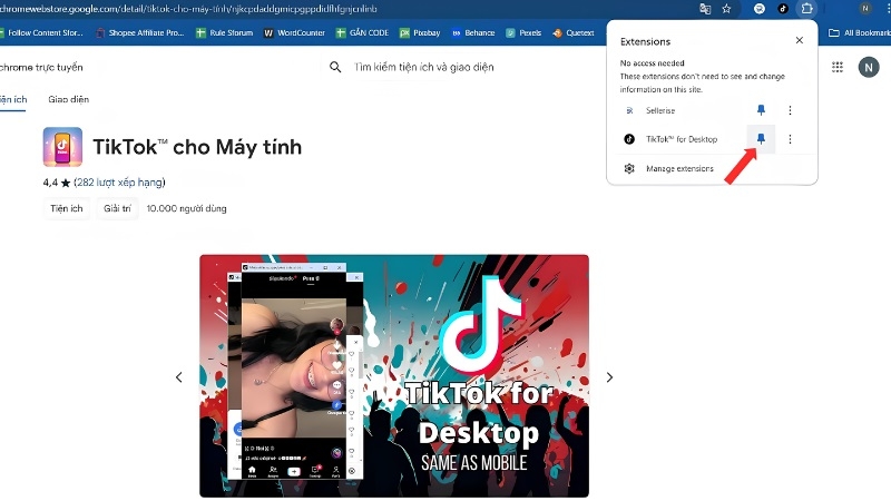 Nhấn vào biểu tượng đó để ghim tiện ích TikTok Nhấn vào biểu tượng đó để ghim tiện ích TikTok