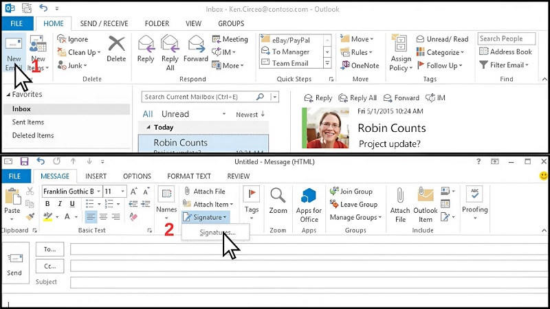 Nhấn Email mới trong Outlook để bắt đầu tạo chữ ký Nhấn Email mới trong Outlook để bắt đầu tạo chữ ký