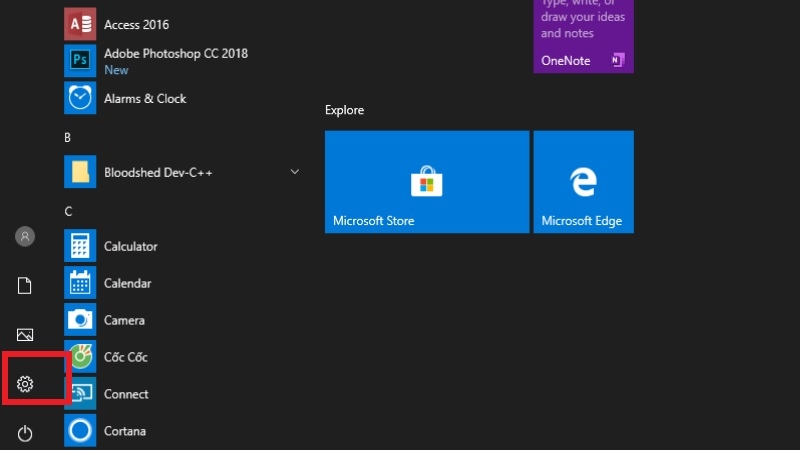 Nhấn nút Start và chọn biểu tượng Settings (bánh răng) Nhấn nút Start và chọn biểu tượng Settings (bánh răng)