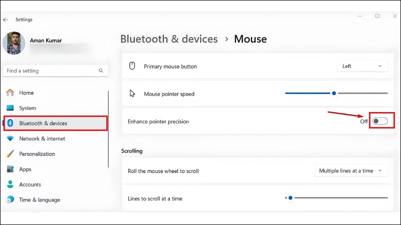 Tắt công tắc Enhance pointer precision để tắt gia tốc chuột Win 11