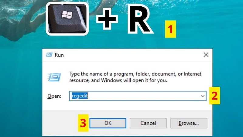Nhấn tổ hợp phím Windows + R, gõ lệnh regedit rồi nhấn OK