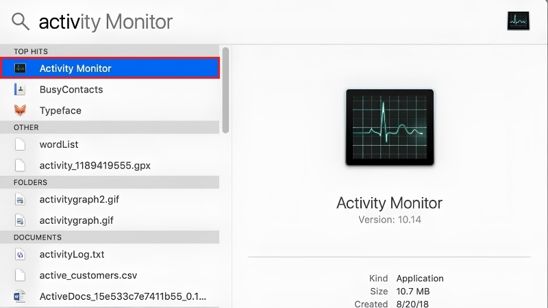 Gõ Activity Monitor ở Spotlight