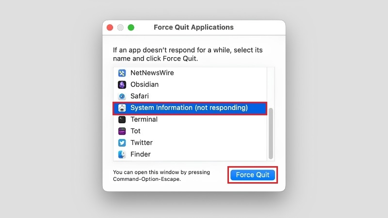 Chọn tên ứng dụng muốn tắt rồi nhấn vào nút Force Quit
