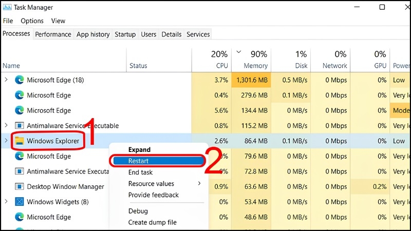 Khởi động lại Windows Explorer trong Task Manager bước 2 Khởi động lại Windows Explorer trong Task Manager bước 2