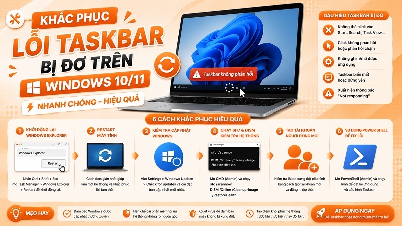 Khắc phục lỗi Taskbar bị đơ trên Windows 10/11 nhanh chóng