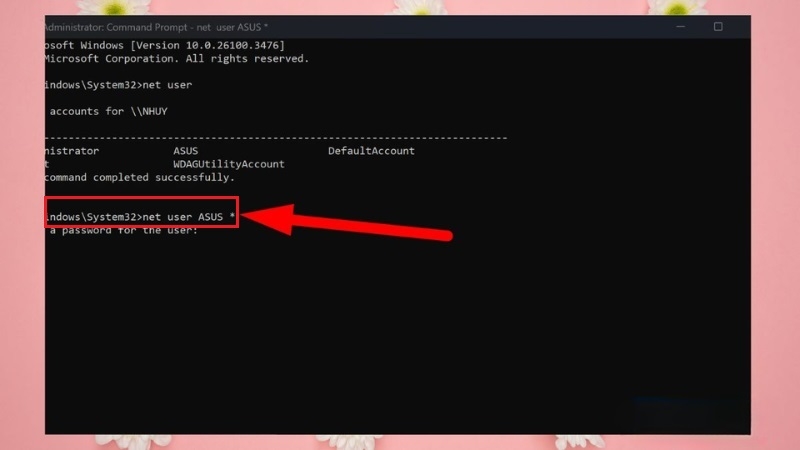 Gõ tiếp lệnh net user tên tài khoản dấu sao trong CMD Gõ tiếp lệnh net user tên tài khoản dấu sao trong CMD