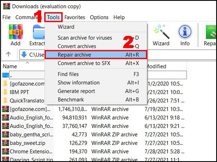 Sử dụng tính năng Repair archive của WinRAR
