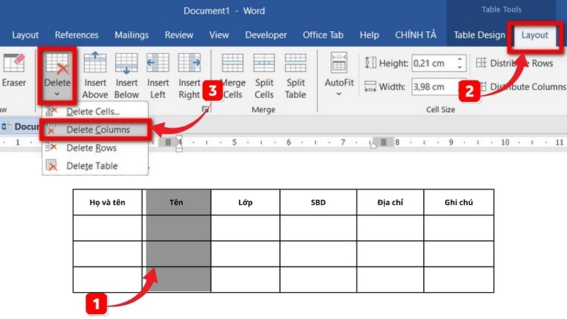 Cách xóa hàng, cột trong Word