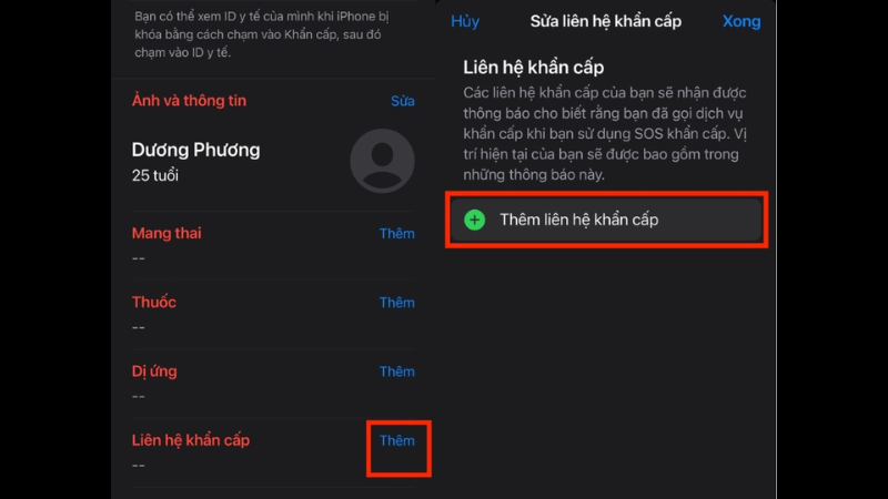 thêm liên hệ khẩn cấp qua mục sức khoẻ