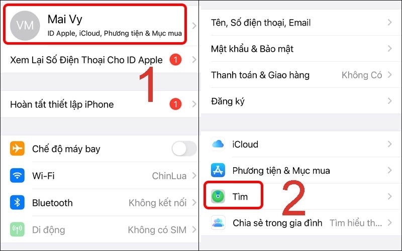 Nhấp vào tên tài khoản và chọn mục Tìm