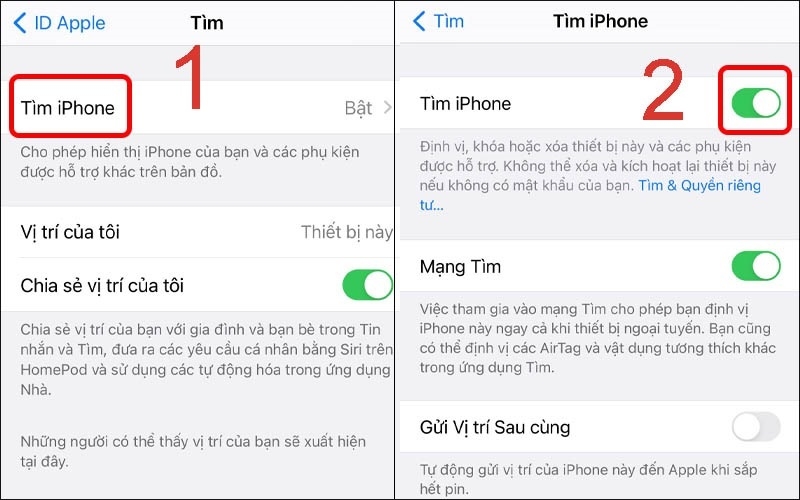 Gạt thanh trượt ở mục Tìm iPhone sang phải để tính năng được kích hoạt