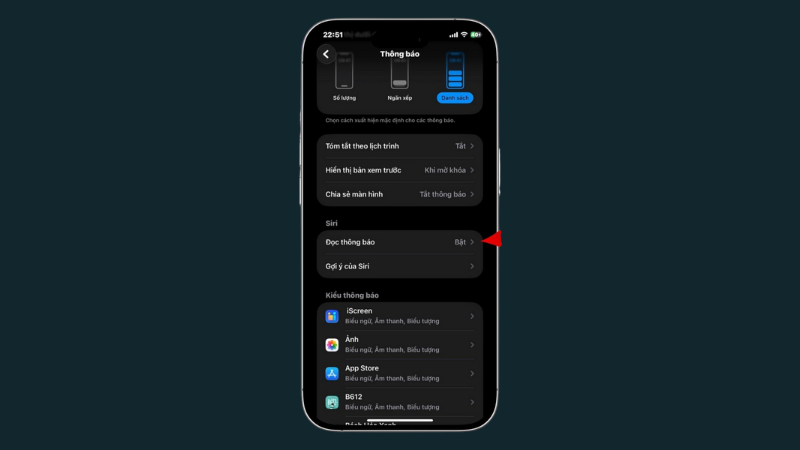 Tìm mục Đọc thông báo trong phần Siri