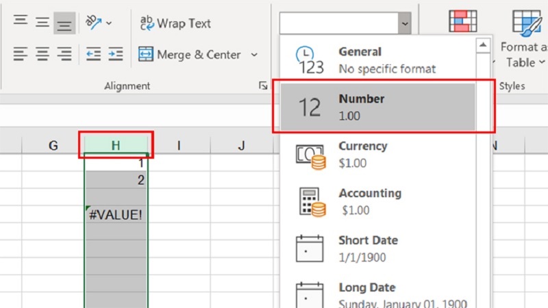 Chọn vào tùy chọn Number