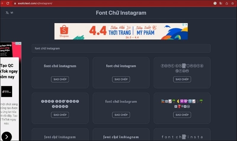 Exotic Text - font chữ instagram có dấu